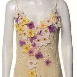MOSCHINO IVORY LEMON 3D FLOWER APPLIQUES BEADED SILK SLIP DRESS USA 12 IT46 PURP